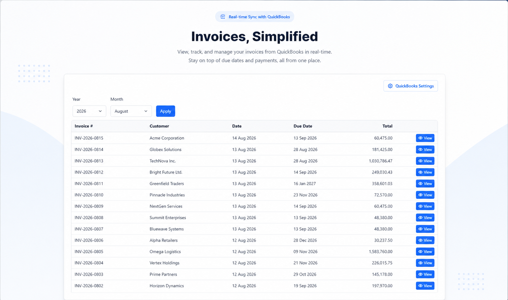 NexInvo invoice list filtered by year and month, with View to open a tax invoice